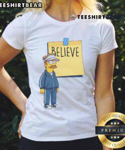 Alt Text: Awesome Coach Ned Flanders Believe The Simpsons Ladies Tee featuring a vibrant design of Ned Flanders.