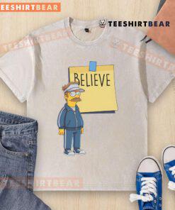 Awesome Coach Ned Flanders wearing a 'Believe' T-shirt from The Simpsons, showcasing his iconic, cheerful personality.