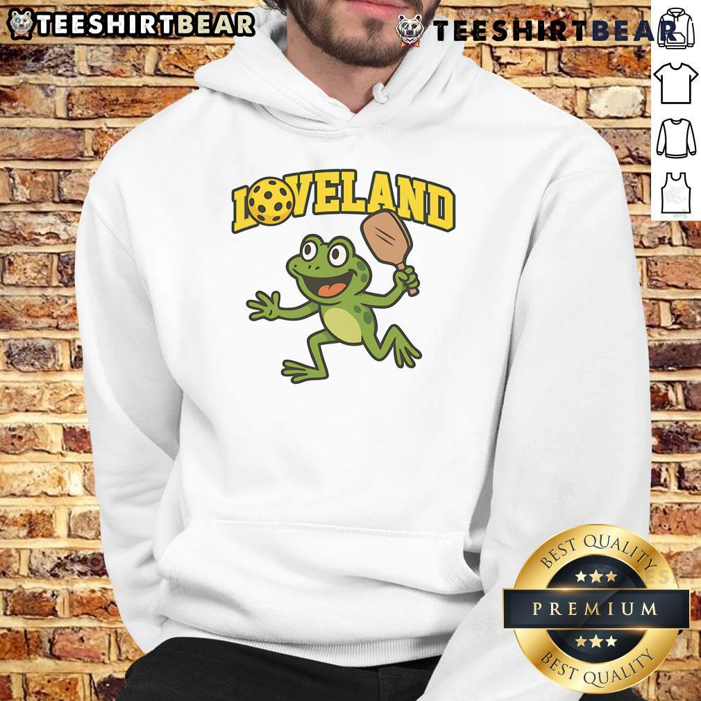 Awesome Loveland Frog Pickleball Hoodie featuring a fun frog graphic, perfect for pickleball enthusiasts and casual wear.