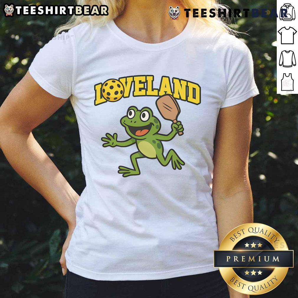 Awesome Loveland Frog Pickleball Ladies Tee featuring a vibrant frog design perfect for pickleball enthusiasts.