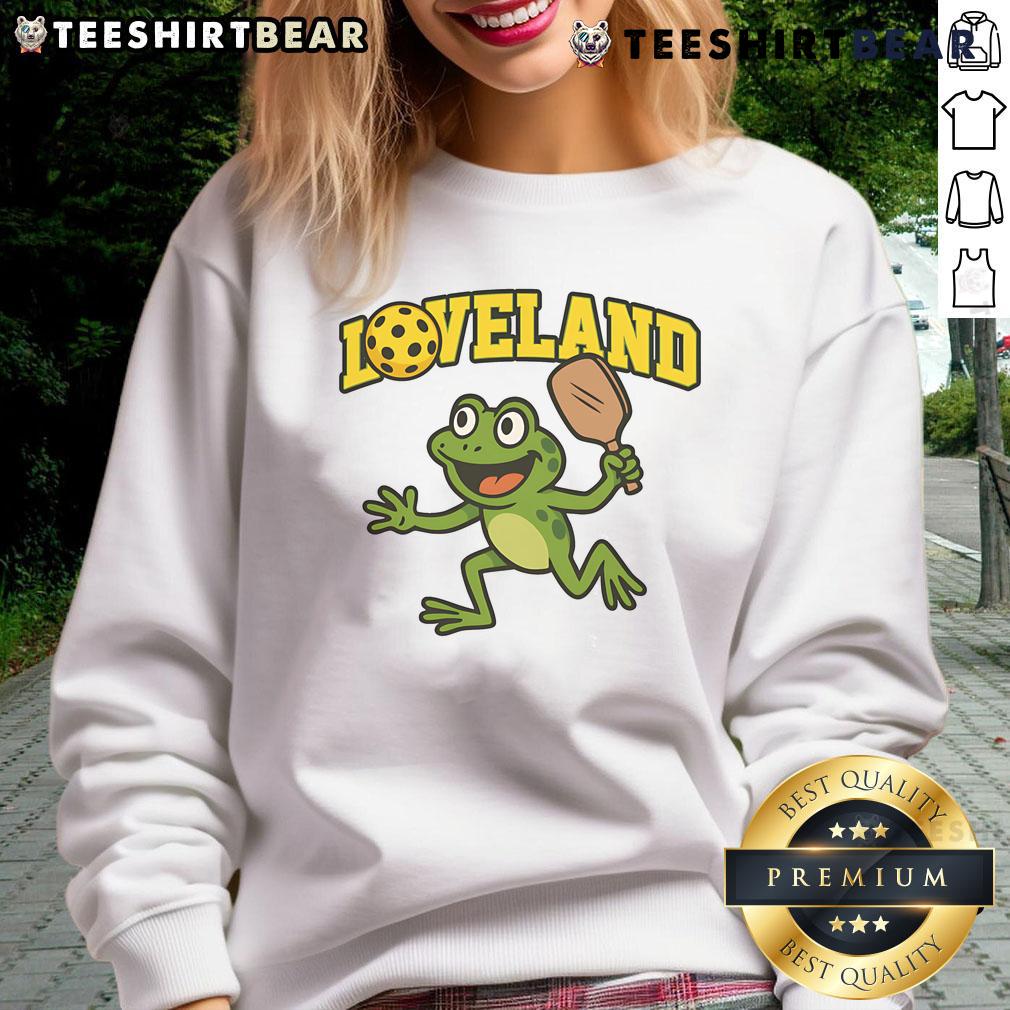 Awesome Loveland Frog Pickleball Sweatshirt featuring a vibrant frog design, perfect for pickleball enthusiasts.