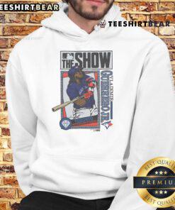 Awesome MLB The Show hoodie featuring Vladimir Guerrero Jr. in Toronto Blue Jays colors, perfect for baseball fans.