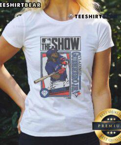 Awesome MLB The Show Blue Jays Vladimir Guerrero Jr. ladies tee featuring vibrant graphics and comfortable fit.