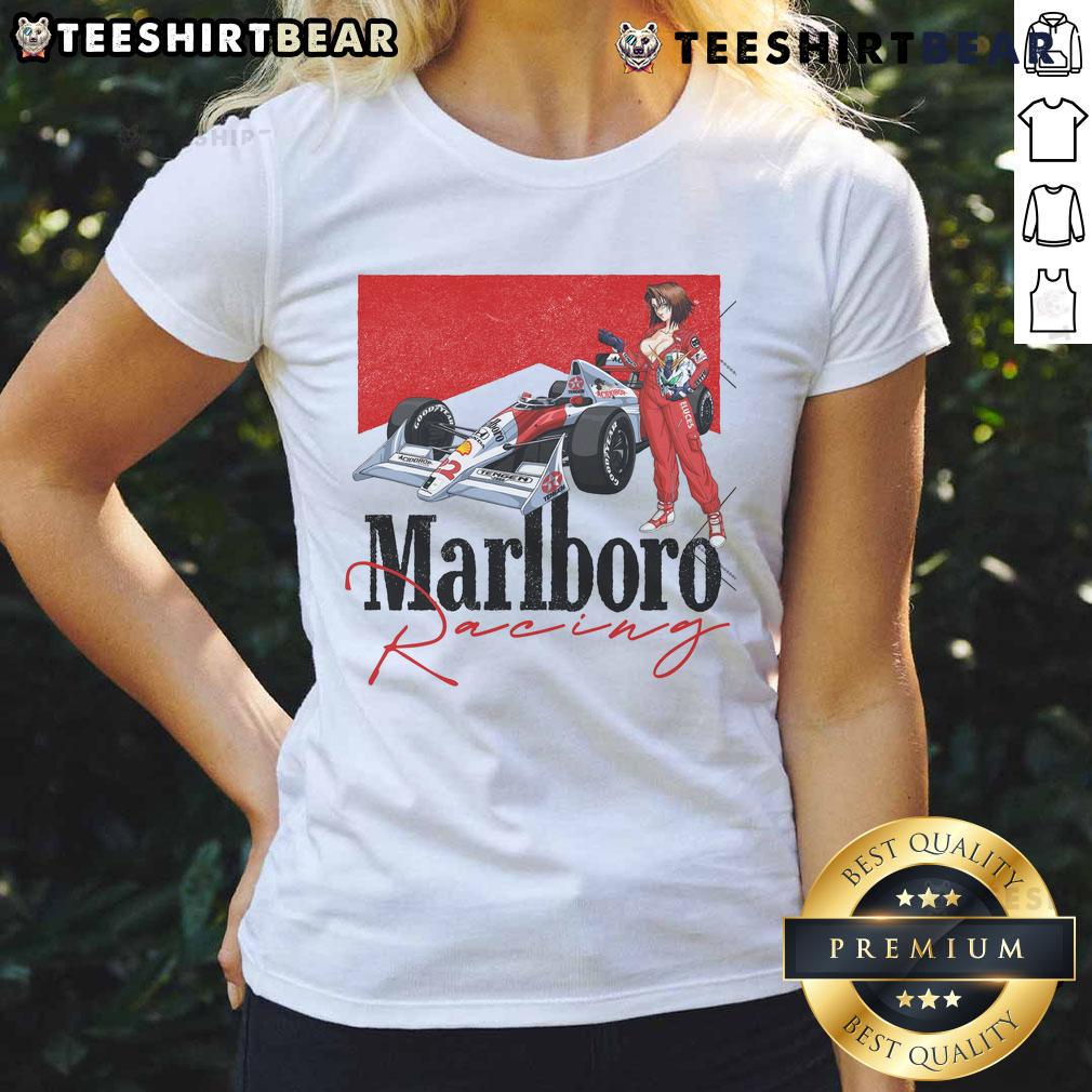Alt Text: Awesome Marlboro Racing F1 MRLB 02 Racing Anime Ladies Tee featuring vibrant graphics and stylish design for racing fans.