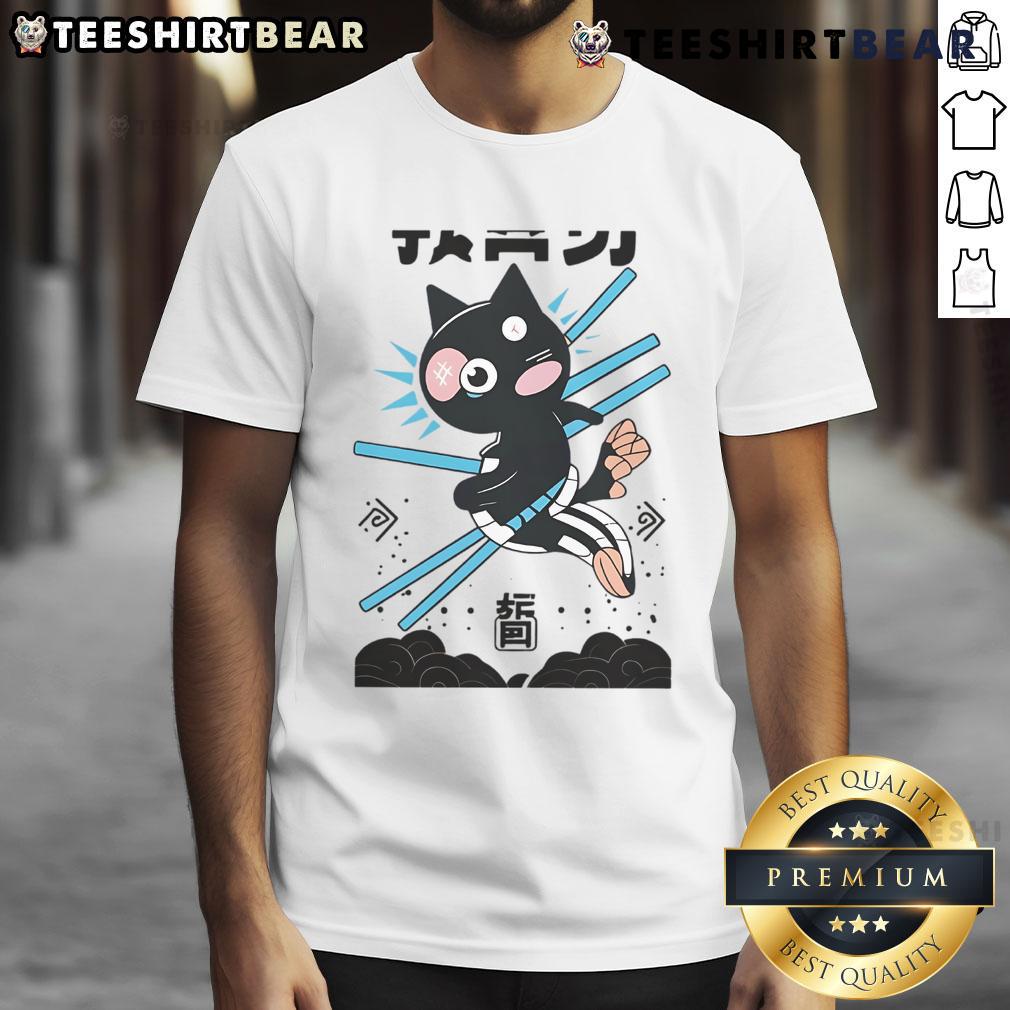 Awesome Ninja Cat Kawaii Anime Martial Arts T-Shirt featuring a playful cat in a ninja outfit, perfect for anime fans.