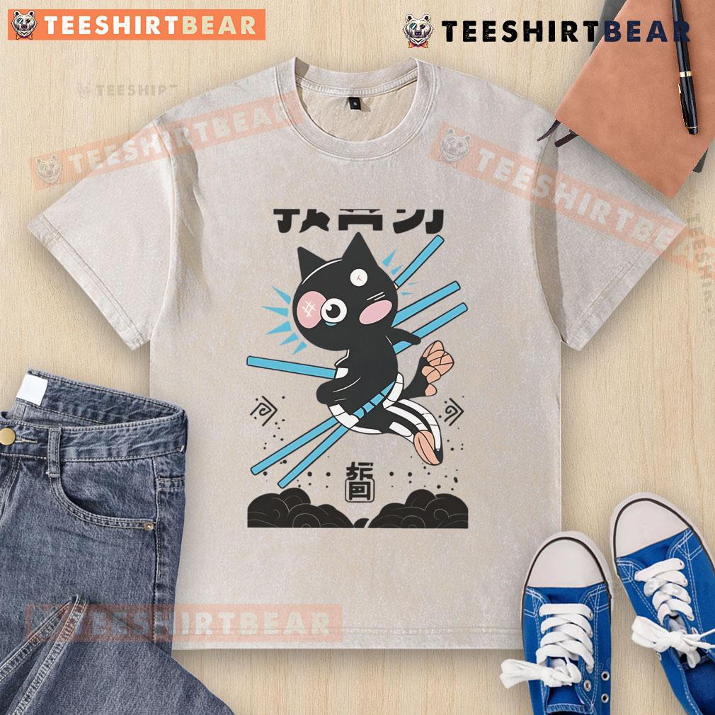 Awesome Ninja Cat Kawaii Anime Martial Arts design on a washed t-shirt, perfect for cat lovers and anime fans.