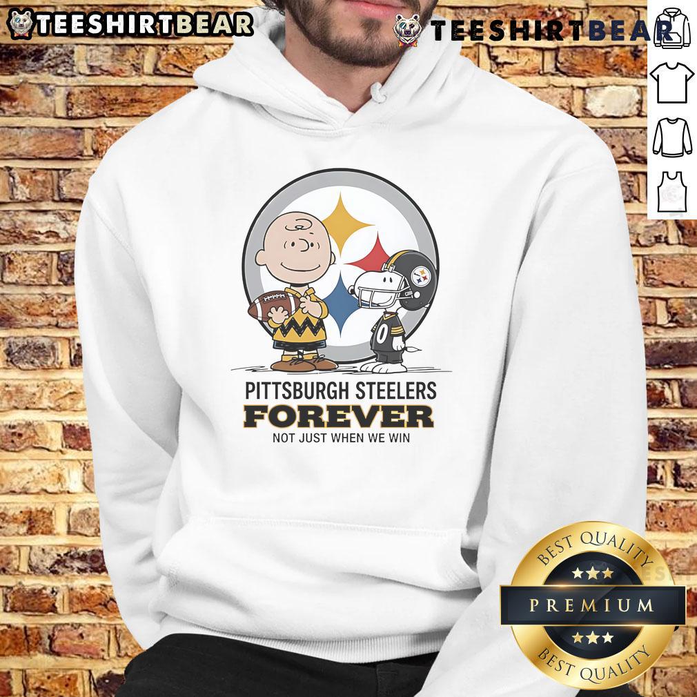 Alt Text: Awesome Pittsburgh Steelers Charlie Brown Snoopy hoodie featuring 'Steelers Forever, Not Just When We Win' design.