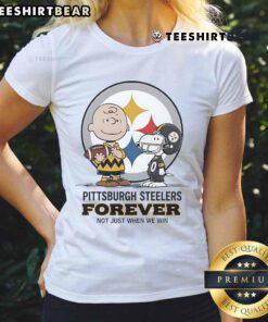 Alt Text: Pittsburgh Steelers Charlie Brown Snoopy graphic tee for ladies, celebrating Steelers fandom with 'Steelers Forever' slogan.