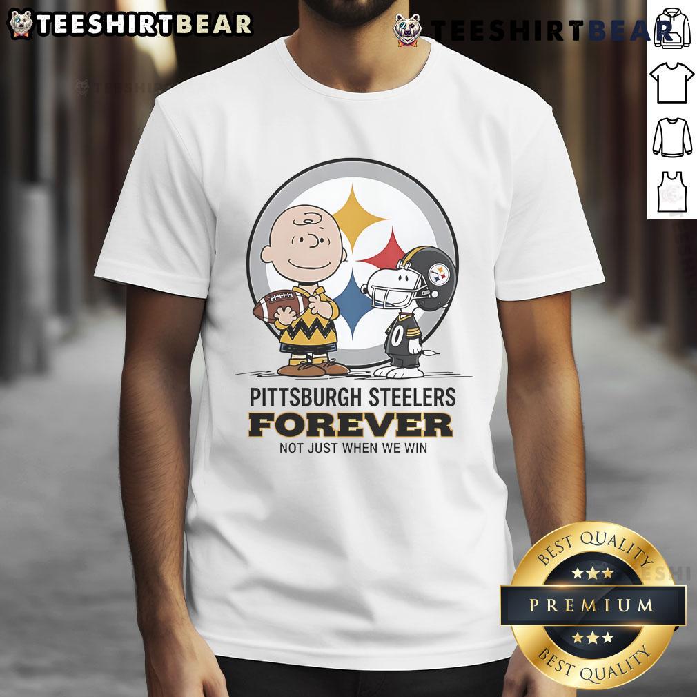 Alt Text: Pittsburgh Steelers Charlie Brown Snoopy t-shirt with 'Steelers Forever Not Just When We Win' slogan.
