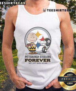 Alt Text: Pittsburgh Steelers Charlie Brown Snoopy tank top featuring 'Steelers Forever, Not Just When We Win' design.