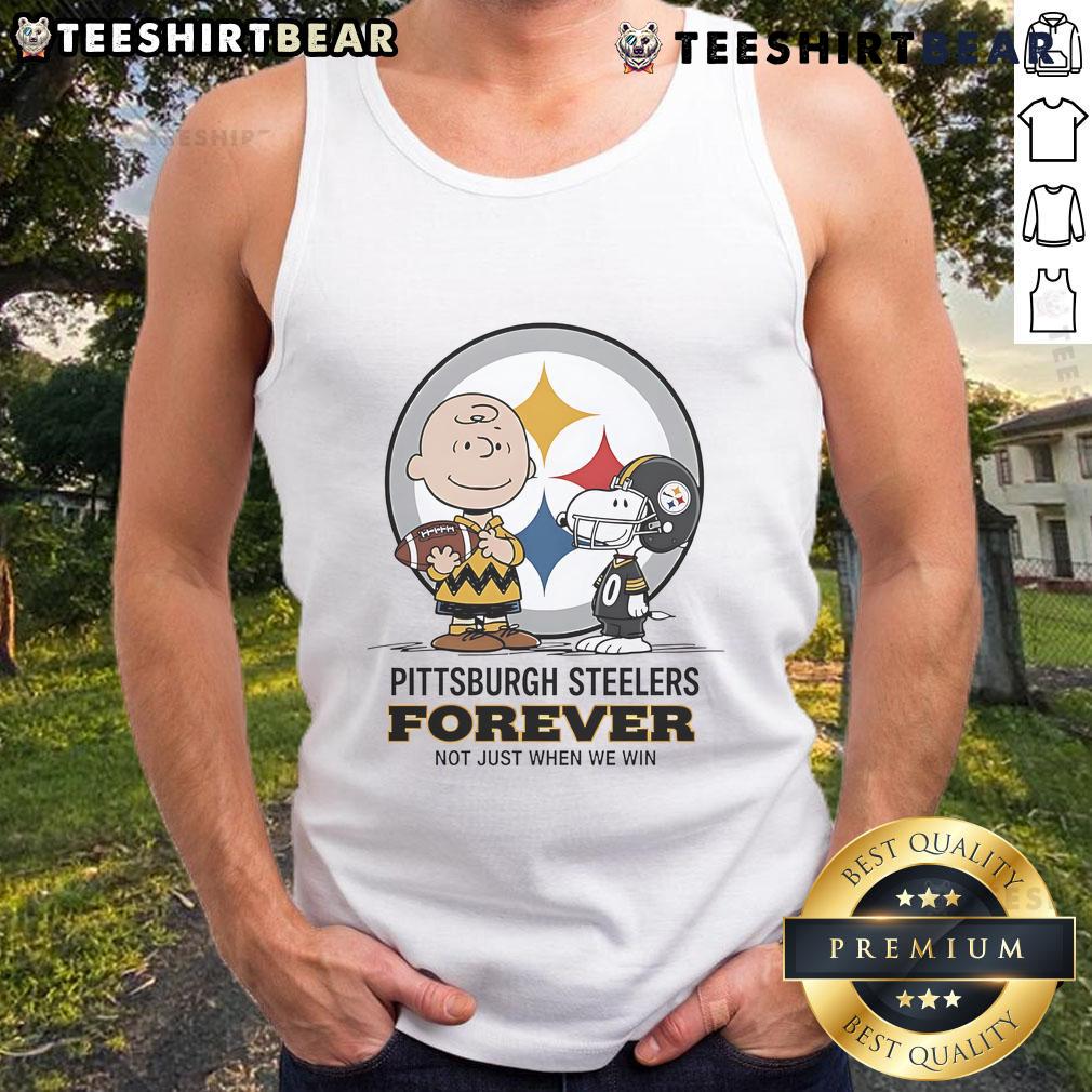 Alt Text: Pittsburgh Steelers Charlie Brown Snoopy tank top featuring 'Steelers Forever, Not Just When We Win' design.