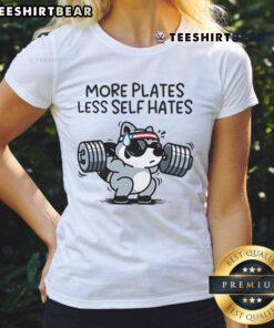 Awesome Raccoon More Plates Less Self Hates Gym Ladies Tee featuring a cute raccoon graphic and motivational text.