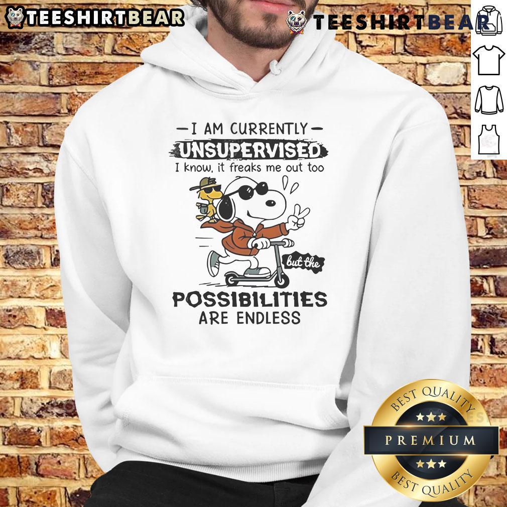 Alt Text: Awesome Snoopy Woodstock hoodie with 'I Am Currently Unsupervised' quote, perfect for Peanuts fans and casual wear.