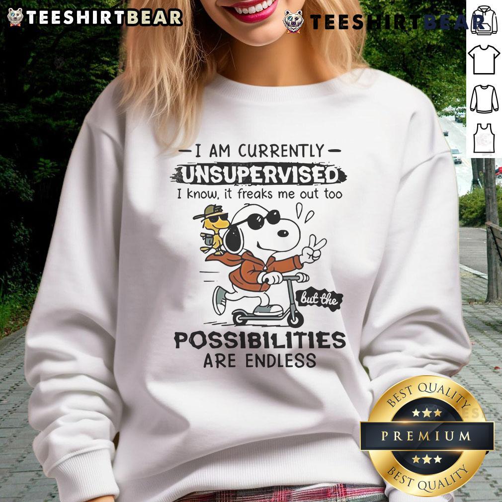 Alt Text: Awesome Snoopy and Woodstock sweatshirt with 'I Am Currently Unsupervised' text, perfect for Peanuts fans.