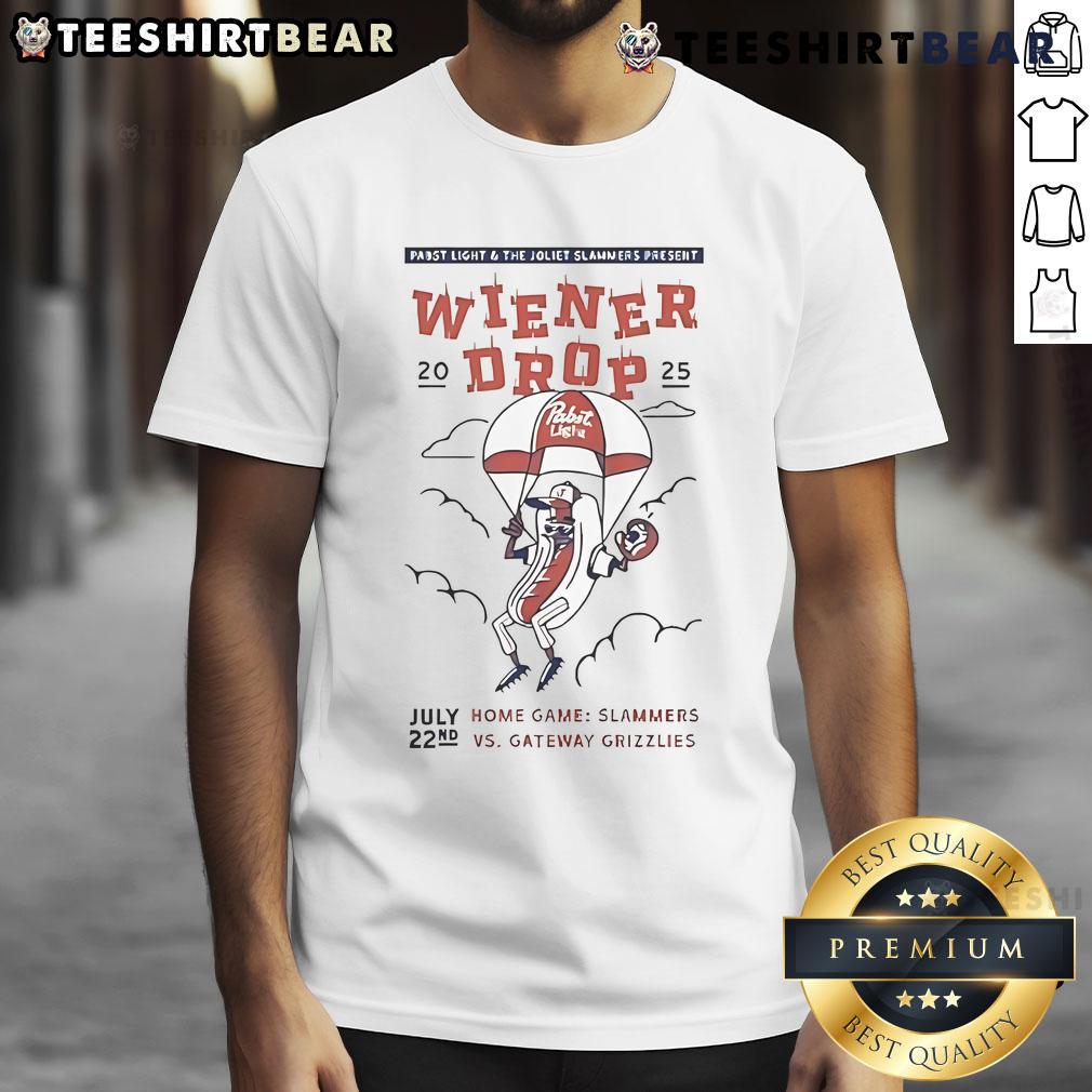 Awesome Wiener Drop Home Game T-Shirt featuring Slammers Vs Gateway Grizzlies logo and vibrant design.