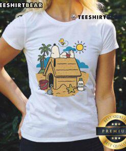 Cute Beach Mode Activated Snoopy and Woodstock graphic on ladies tee, perfect for summer fun and casual style.