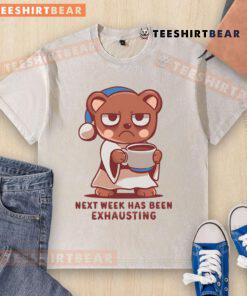 Cute bear wearing a washed t-shirt, looking exhausted after a busy week of fun activities and adventures.