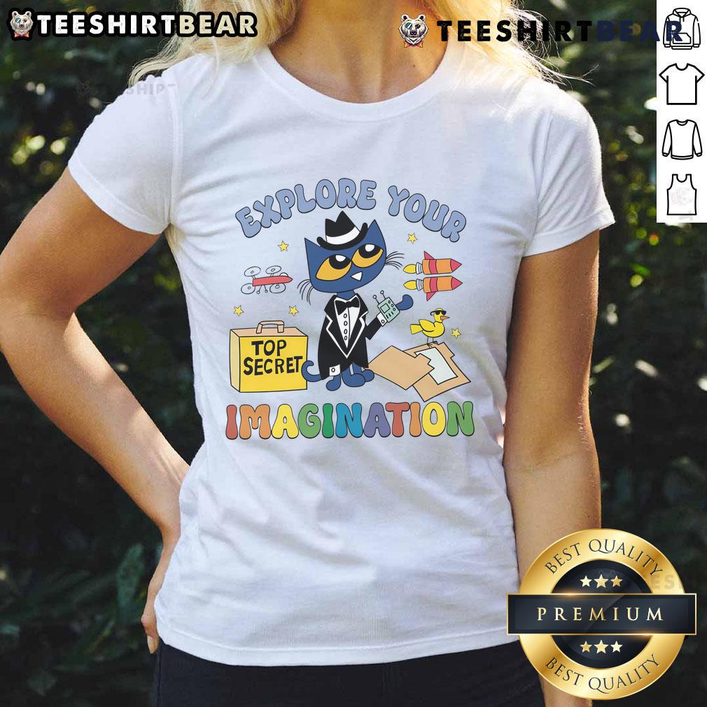 Cute Explore Your Imagination Pete The Cat Ladies Tee featuring colorful graphics and playful design for cat lovers.