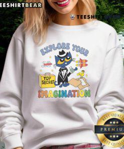 Cute Explore Your Imagination Pete The Cat sweatshirt featuring vibrant colors and playful design for kids.