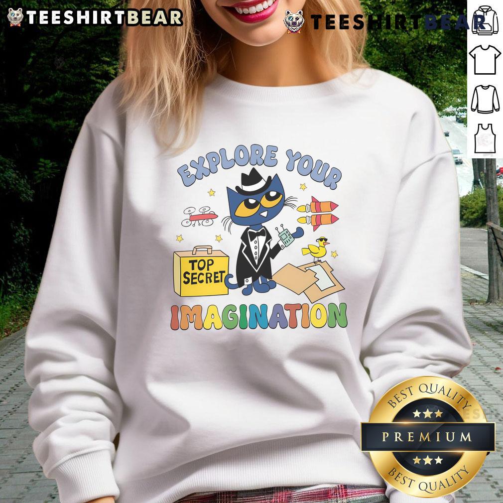 Cute Explore Your Imagination Pete The Cat sweatshirt featuring vibrant colors and playful design for kids.