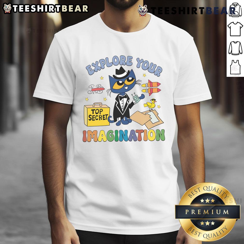 Alt Text: Cute Explore Your Imagination Pete The Cat T-Shirt featuring vibrant colors and playful design for kids.