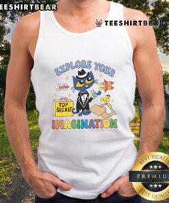 Adorable Pete the Cat tank top featuring 'Explore Your Imagination' design, perfect for kids' casual wear and creativity.