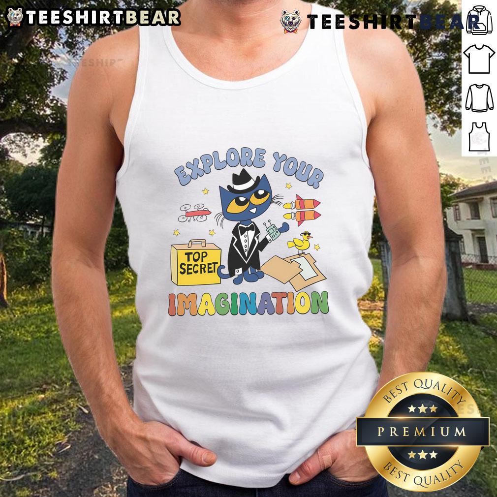Adorable Pete the Cat tank top featuring 'Explore Your Imagination' design, perfect for kids' casual wear and creativity.
