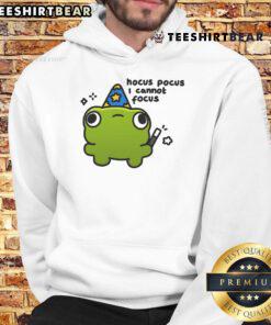 Adorable frog hoodie with 'Hocus Pocus I Cannot Focus' text, perfect for cozy fall fashion and Halloween vibes.