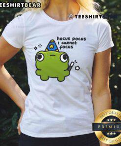 Alt Text: Cute frog graphic on a 'Hocus Pocus I Cannot Focus' ladies tee, perfect for Halloween and casual wear.