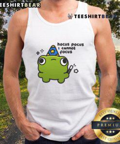 Adorable frog graphic on a 'Hocus Pocus I Cannot Focus' tank top, perfect for quirky fashion lovers and frog enthusiasts.