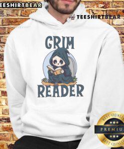Cute Grim Reader in a cozy hoodie, deeply engrossed in reading a book, capturing a whimsical literary moment.