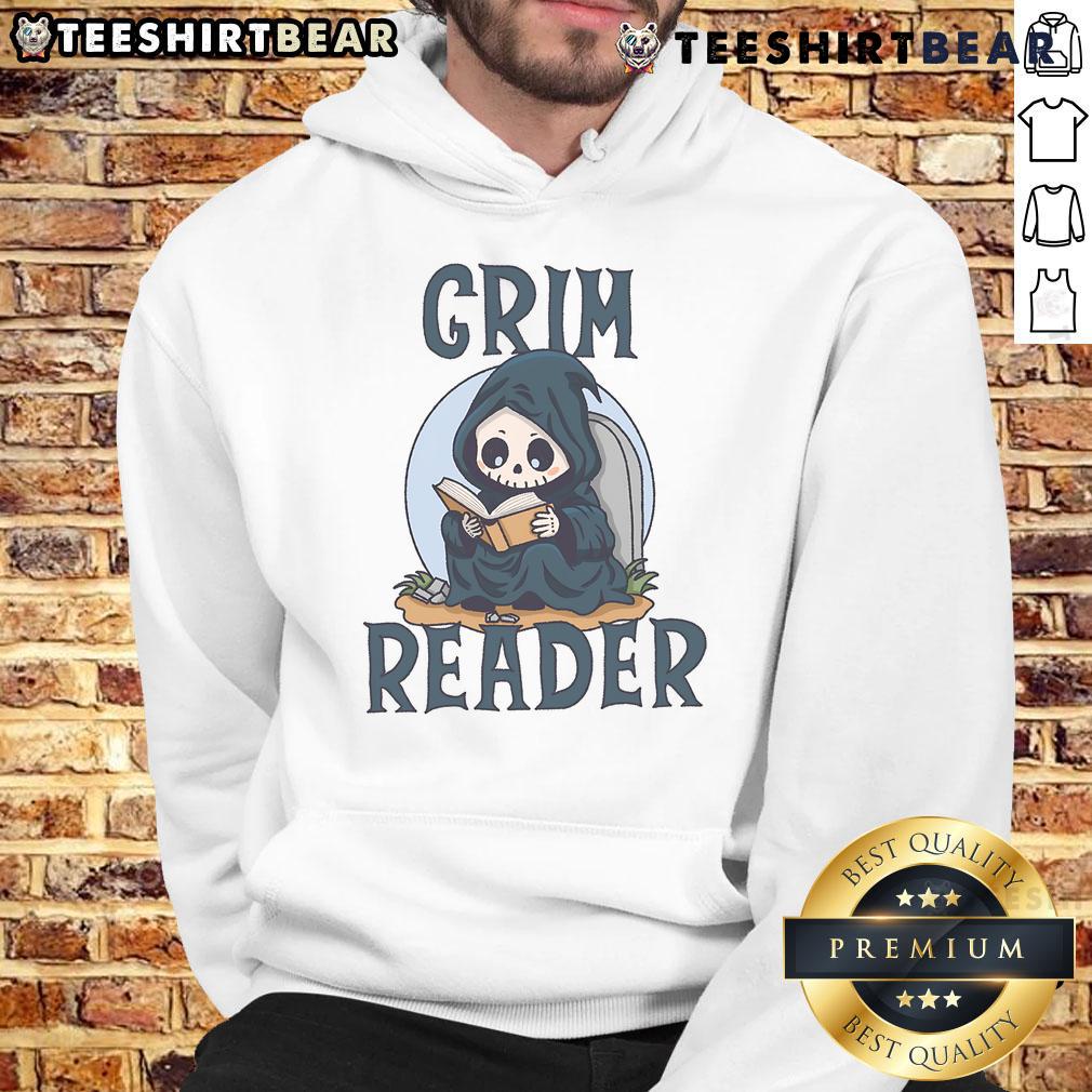 Cute Grim Reader in a cozy hoodie, deeply engrossed in reading a book, capturing a whimsical literary moment.