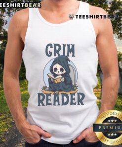 Cute Grim Reader in a tank top enjoying a book, perfect for book lovers and cozy reading moments.