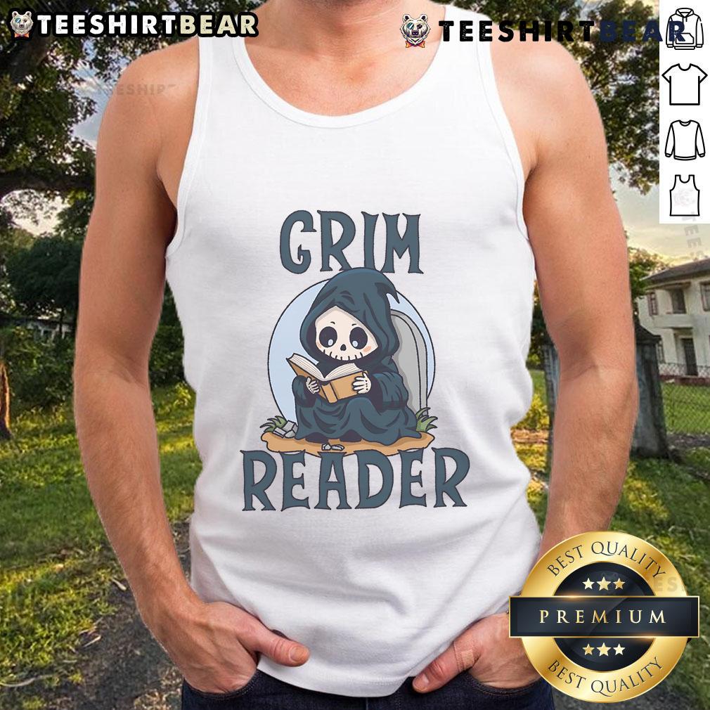Cute Grim Reader in a tank top enjoying a book, perfect for book lovers and cozy reading moments.