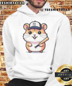Cute hamster wearing a New York Yankees hoodie, showcasing its adorable style and team spirit in a playful pose.