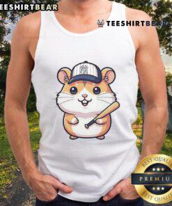Cute hamster wearing a New York Yankees tank top, showcasing adorable style and team spirit in a playful pose.