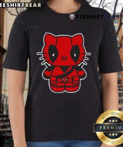 Cute Hello Deadpool Hello Kitty ladies tee featuring a fun graphic blend of Deadpool and Hello Kitty characters.