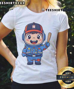 Cute Houston Astros cartoon astronaut graphic on a ladies tee, perfect for fans and casual wear.