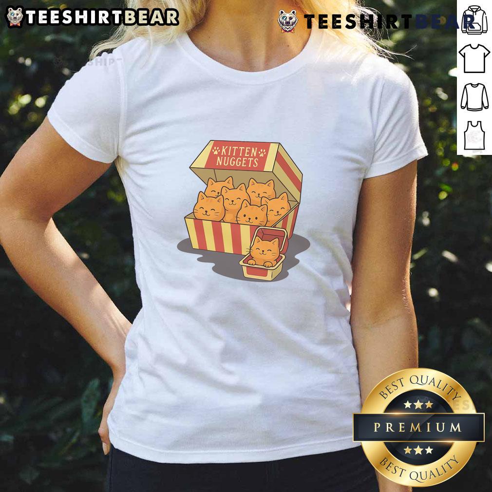 Cute kitten nuggets box graphic on a stylish ladies tee, perfect for cat lovers and trendy fashion enthusiasts.