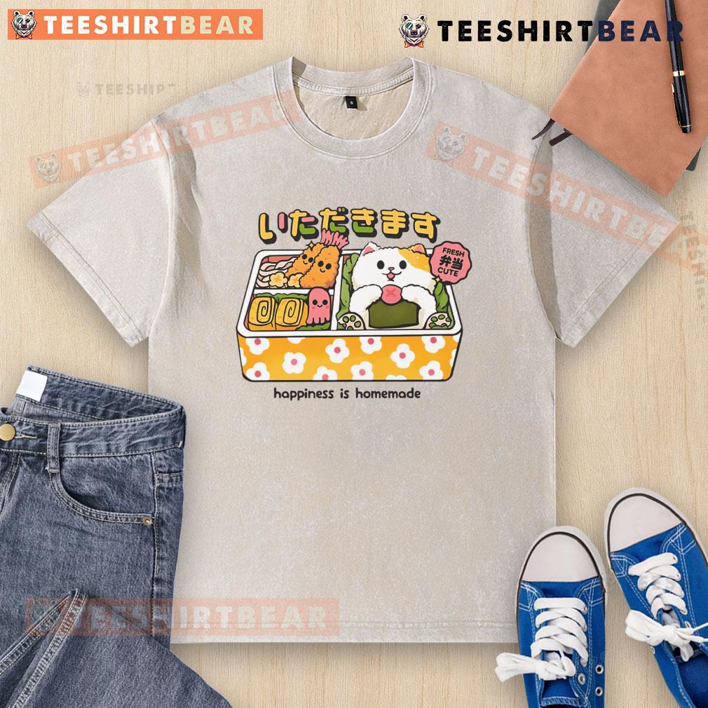 Cute Neko Bento design on a washed t-shirt, showcasing the joy of homemade meals and playful cat imagery.