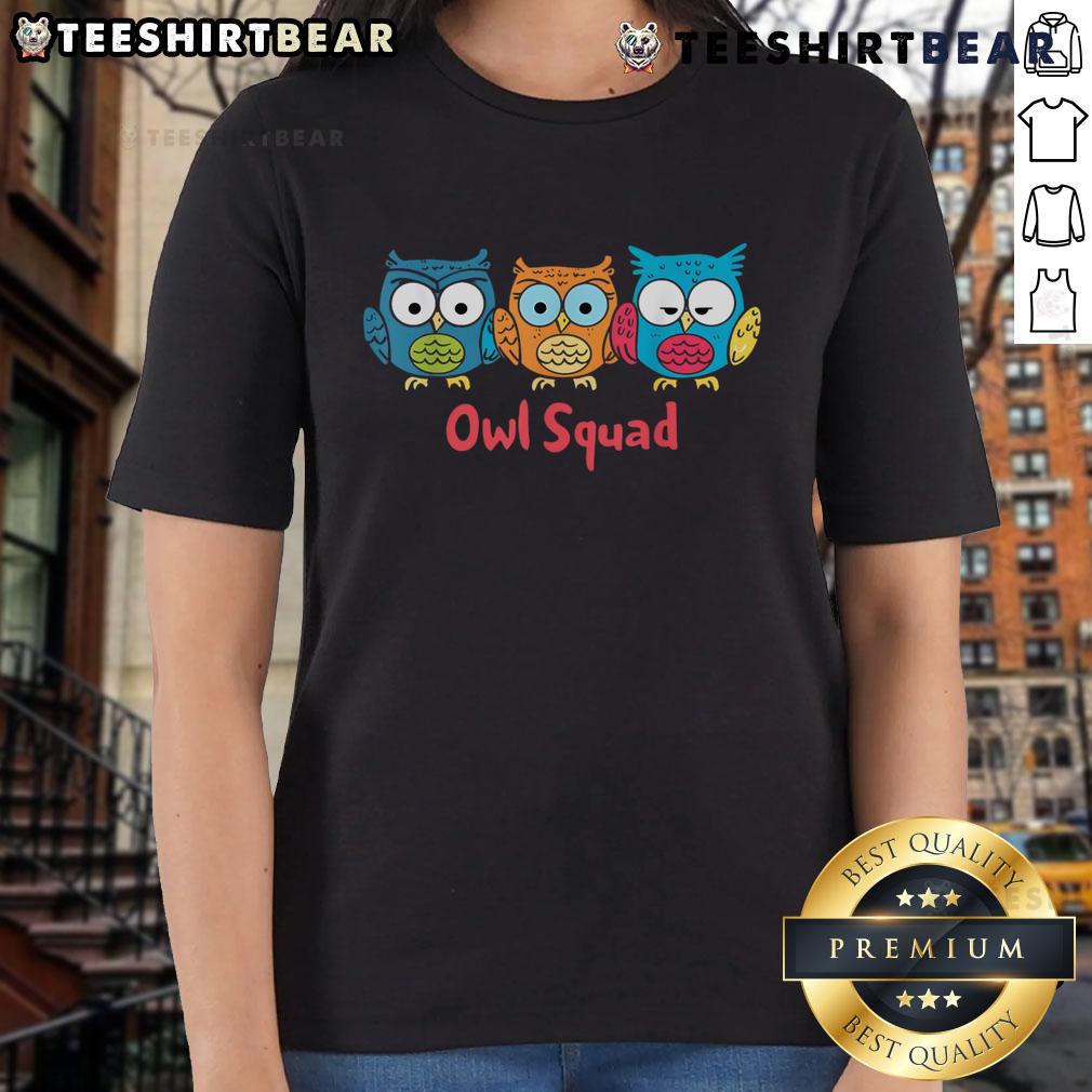 Alt Text: Cute Owl Squad Ladies Tee featuring adorable owl graphics in vibrant colors, perfect for casual wear and owl lovers.