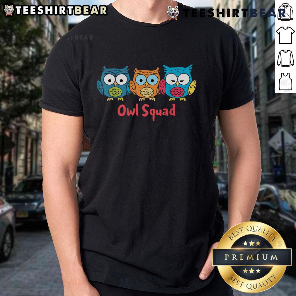 Cute Owl Squad T-Shirt featuring adorable owl graphics and vibrant colors perfect for casual wear and owl lovers.