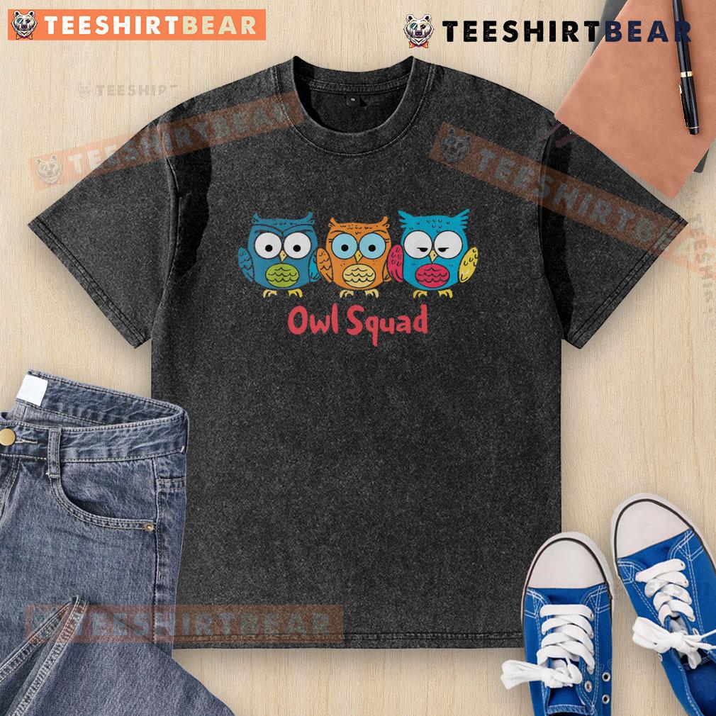 Cute Owl Squad washed t-shirt featuring adorable owl graphics in vibrant colors, perfect for casual wear.