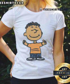 Cute Peanuts Franklin character ladies tee featuring vibrant colors and playful design, perfect for fans of the Peanuts gang.