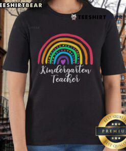 Alt Text: Cute rainbow kindergarten teacher back to school tee for ladies featuring vibrant colors and playful design.