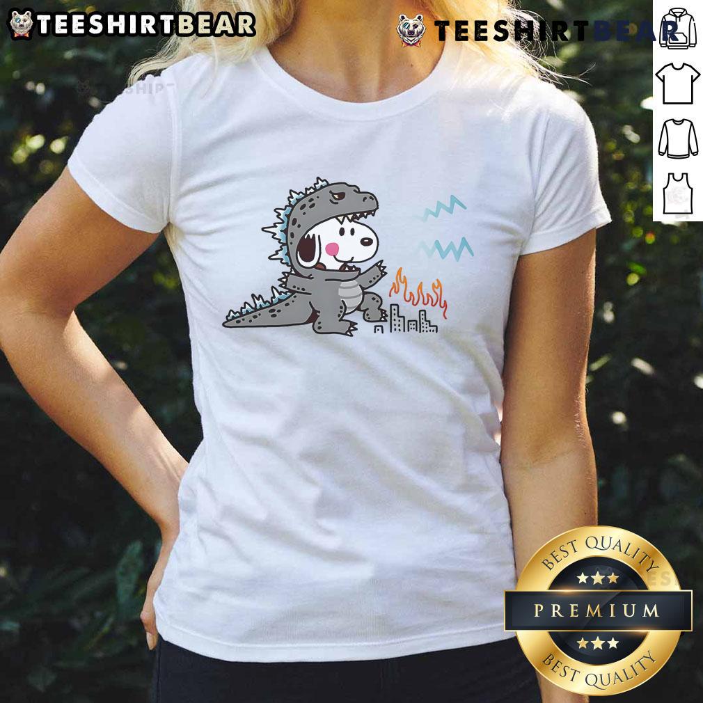 Cute Snoopy in a Godzilla disguise on a stylish ladies tee, perfect for fans of unique, fun graphic shirts.