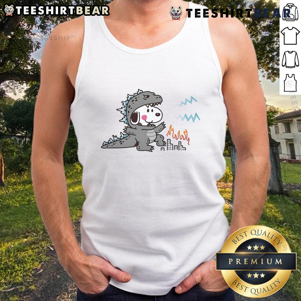 Adorable Snoopy in a Godzilla disguise on a trendy tank top, perfect for casual summer wear and cartoon lovers.