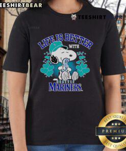 Alt Text: Cute Snoopy graphic on a ladies tee, featuring 'Life Is Better With Mariners' design for baseball fans.
