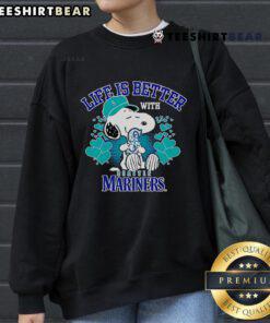 Alt Text: Cute Snoopy sweatshirt with Life Is Better With Mariners design, perfect for fans of Snoopy and baseball.