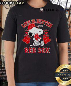 Alt Text: Cute Snoopy on a ladies tee with 'Life Is Better With Red Sox' slogan, perfect for baseball fans and casual wear.